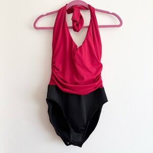 Miraclesuit Halter Top Tummy Control One Piece Swim in Black and Red Size 14